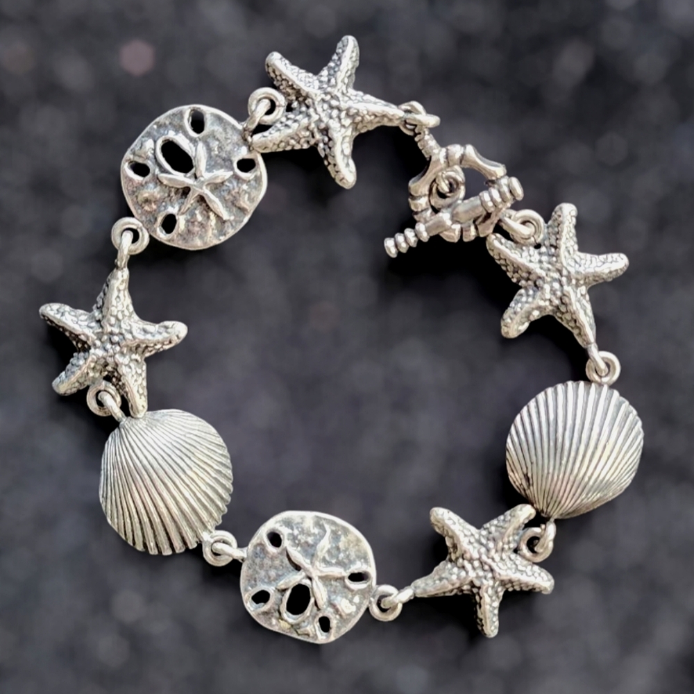 Sterling Silver Toggle Bracelet Seashell Starfish… - image 1